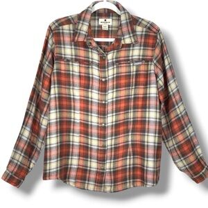 Woolrich Plaid Wool Blend Flannel Shirt Jacket Shacket Snap Front Henna L